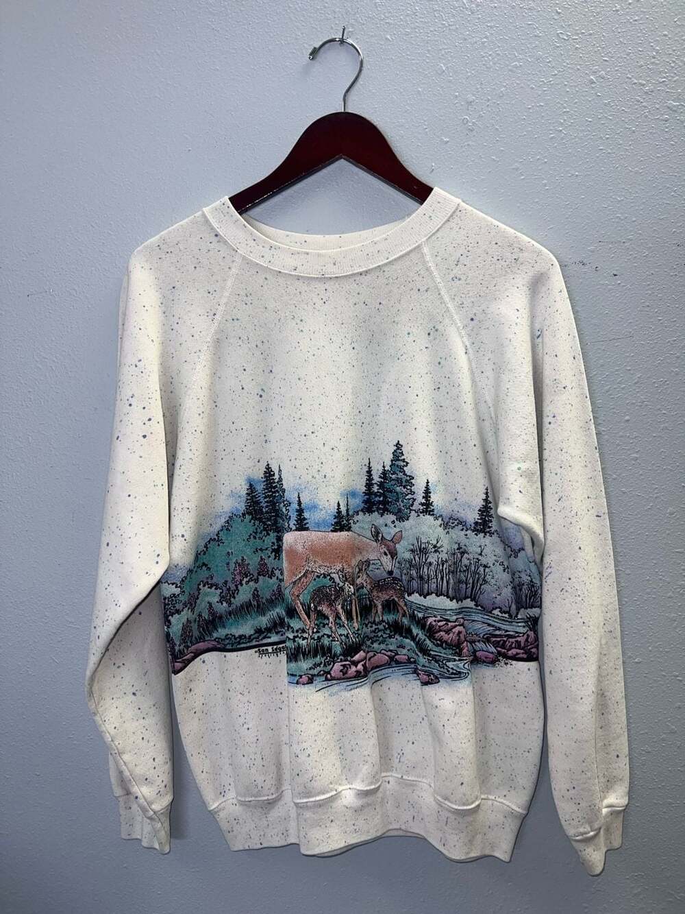 Vintage 90s Deer Wildlife Speckled Flecked Sweatshirt Pullover White S/M 0585